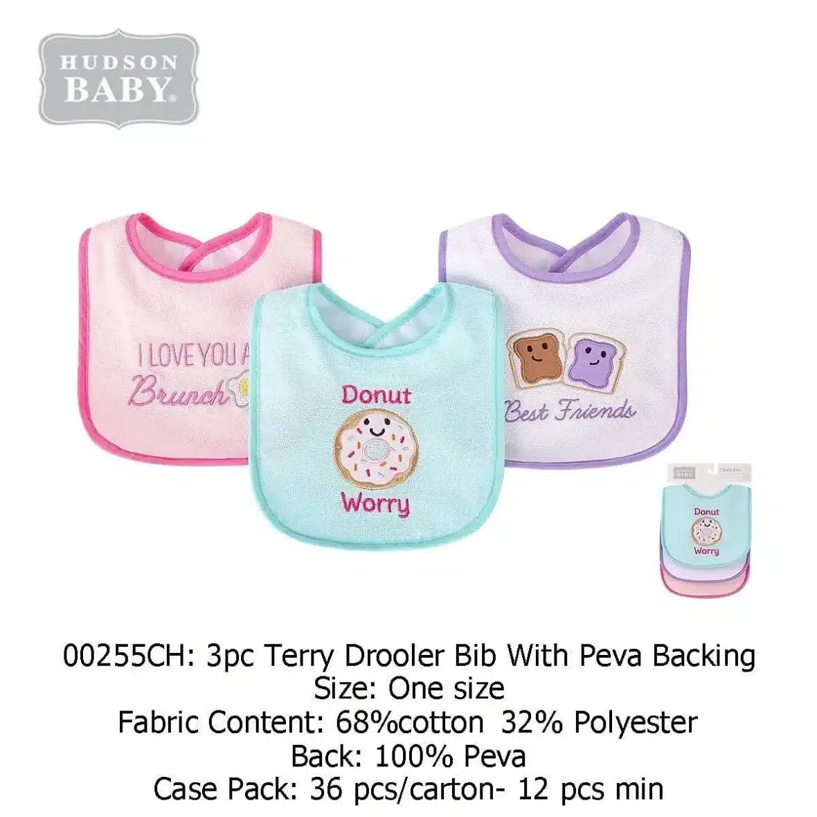 HUDSON BABY TERRY DROOLER BIB WITH PEVA 3 PCS